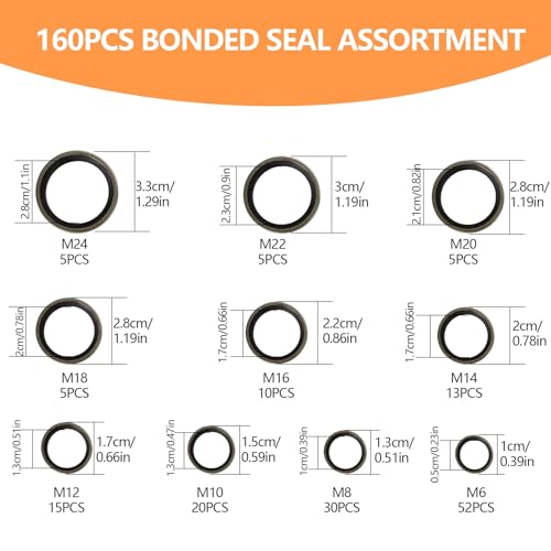 qxayxa 160 Pcs Drain Plug Gaskets, M6-M24 Bonded Sealing Washer Assortment Kit, Metal Rubber Sealing Oil Rings - Image 2