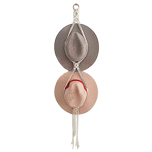 MOFIC Macrame Hat Hangers, Hat Holder for Wall Bohemian Women Hat Rack, Hat Display Organizer for Wall Hanging Hat Storage for Wide Brim Cap (for 2 Hat)