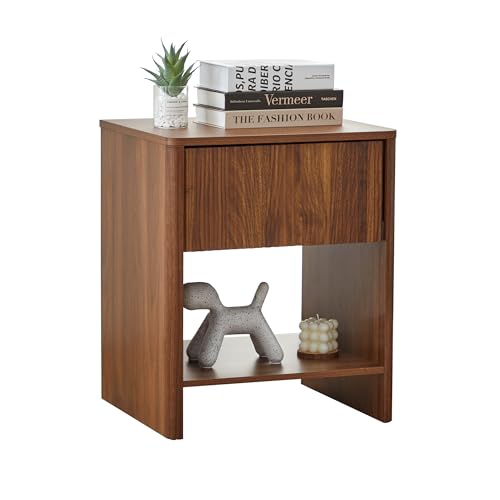 GuannCraft Mesita de noche moderna de madera con tablero ondulado – Mesita de noche con un cajón, diseño minimalista que ahorra espacio para dormitorio (color nogal)