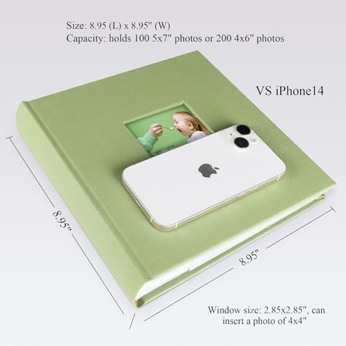 Leinen Fotoalbum Einsteckalbum mit 100 Seiten, Klein Fotoalbum zum Einstecken Fasst 200 Fotos im Format 10x15 Horizontal oder 100 Fotos im Format 13x18 Vertikal (klassisches Salbeigrün)
