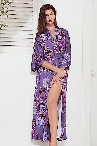 BABEYOND Women's Kimono Robe Long Satin Silky Floral Lightweight Bridesmaid Wedding Bachelorette Party Robe4