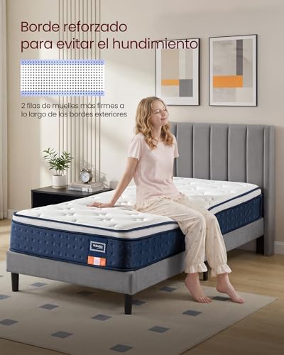 VASAGLE Colchón Individual, 90 x 190 x 25 cm, Colchón Híbrido con Muelles Ensacados, Espuma Viscoelástica con Gel, 7 Zonas de Soporte, Bordes Reforzados, Funda Transpirable, Azul RMZ221QZ02