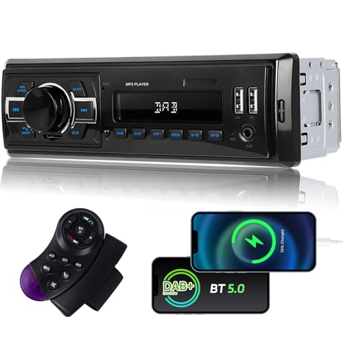 Techschermo Single Din DAB Radio for Car - Bluetooth Car Stereo with Bluetooth Music & Handsfree Call/FM Radio/USB Charging/TF/AUX Port/Protection Connection + Steering Wheel Control