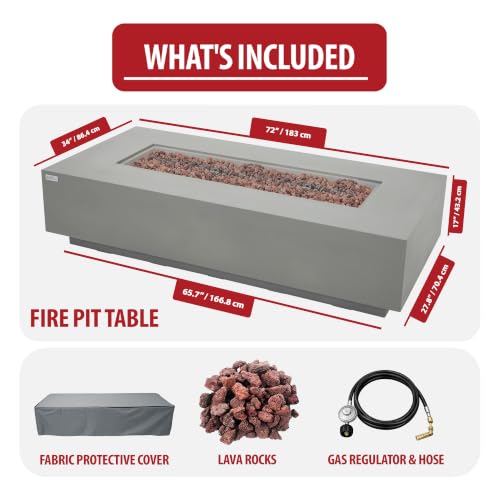 Image of AMS Creations | Savanah 72 inch Rectangular Cast Concrete Natural Gas Fire Pit Table | Light Gray | Smooth Texture Surface | Electronic Ignition | Outdoor Patio Heater Outside Backyard Fireplace