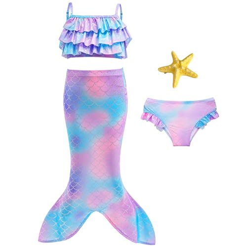 JkidINSP Girls Swimsuit 3pcs Bathing Suits Ruffle Bikini Set with Princess Cover up Skirt for Kids Swimwear for 3-8 Years Purple