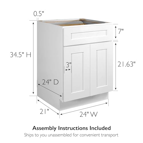 Image of Design House Brookings Kitchen Cabinet, Solid Wood, Shaker Style, 2 Soft-Close Doors, 1 Interior Adjustable Shelf, 1 Drawer, Sherwin Williams White, 24.0 in. L x 24.0 in. W x 34.5 in. H, 561365