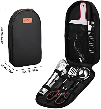 ISFORU Camping Accessories Set, 9PCS Camping Kitchen Utensil Organizer Travel Kit with Peeler, Cutting Board, Bottle Opener and Storage Bag for Outdoor Hiking Picnic Trekking