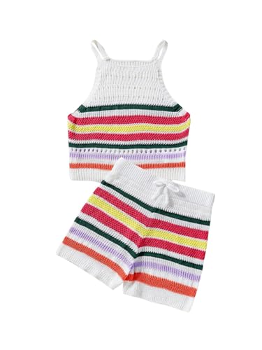 Verdusa Girl's 2 Piece Summer Cover Ups Color Striped Knitted Tank Top and Shorts Set