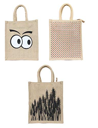 Deshi Decor Multipurpose Jute Lunch Bag with Zip (Eye, Polka and Grain) -Combo of 3