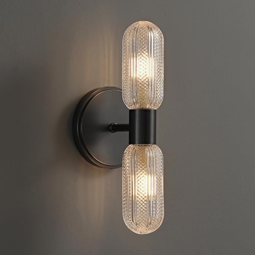 fansimone Matte Black Wall Sconces,12.3in 2-Light Knurled Glass Sconces Wall Lighting, Bathroom Brushed Brass Sconce, Wall Lights for Living Room Vanity Hallway Bathroom Mirror，Entrance