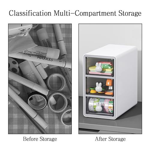 Toguma Stapelbare Desktop-Aufbewahrungsbox mit 3 Schubladen, transparente mehrschichtige Kosmetik-Aufbewahrungsbox für den Schreibtisch, geeignet für Bürokosmetik (weiß)