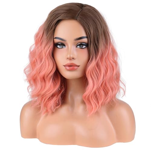 Image of BERON Blonde Ombre Orange Pink Wigs Short Curly Wave Wigs for Women Girls Shoulder Length Wavy Heat Resistant Synthetic Wig Cosplay Costume Party or Daily