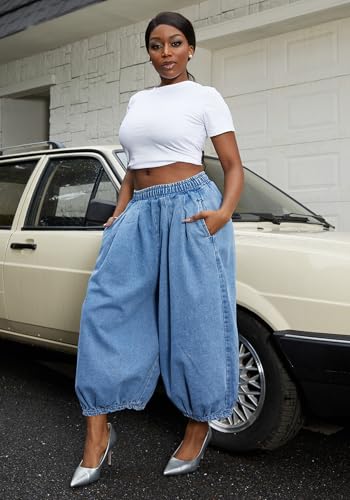 Tbahhir Women's Baggy Jeans Loose Cropped Elastic Waist Denim Pants Barrel Trousers with Pockets4
