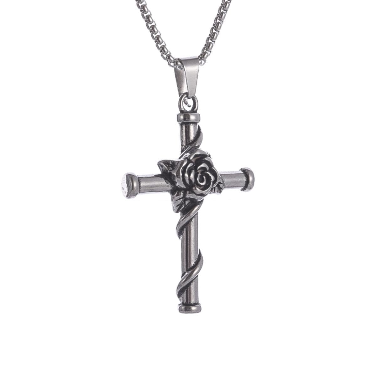 Yahoya Men's Stainless Steel Rose Flower Thorn Cross Pendant Catholic Jesus Amulet Necklace And Wo Christian Amulet Prayer Jewelry