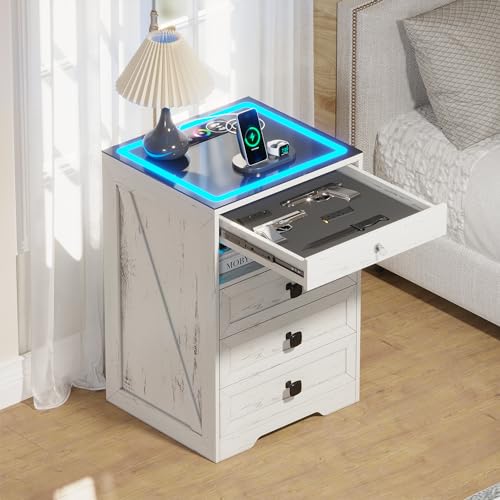 Lvifur Farmhouse Nightstand with Gun Drawer, Human Sensor LED Bedside Table with LED Lights & Charging Station, Rustic Wood Sofa Side End Table with 3 Drawers for Bedroom (Black)