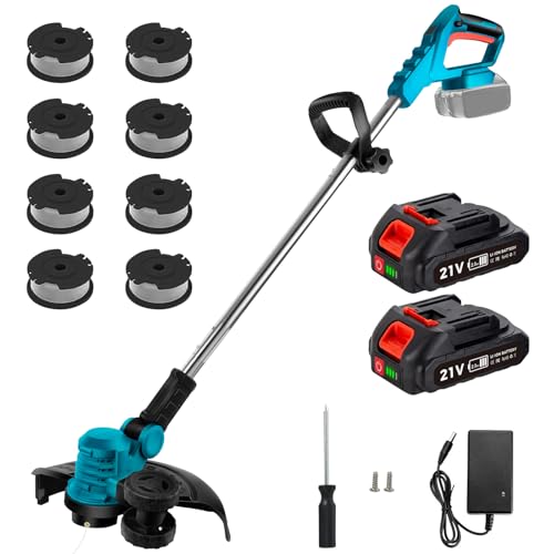 Tondeuse Électrique sans Fil avec 8 Têtes Interchangeables + 2 Batteries 2600 mAh, Réglage 5 Vitesses, Débroussailleuse, Désherbeur, Coupe-Bordure et Tonte pour Jardin