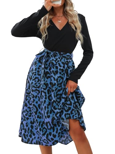 CUPSHE Damen Kleid V Ausschnitt Langarm Taillenschnürung Leopardenmuster A Linien Partykleid Freizeitkleider Lässige Wrap Midi Dress Blauer Leopard...