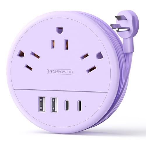 NTONPOWER Purple Travel Power Strip with 3 AC Outlet 4 USB(2 USB C), Dorm Room Essentials 4FT Flat Extension Cord, Purple Desk Accessories Compact fo for Hotel Travel Cruise Essentials