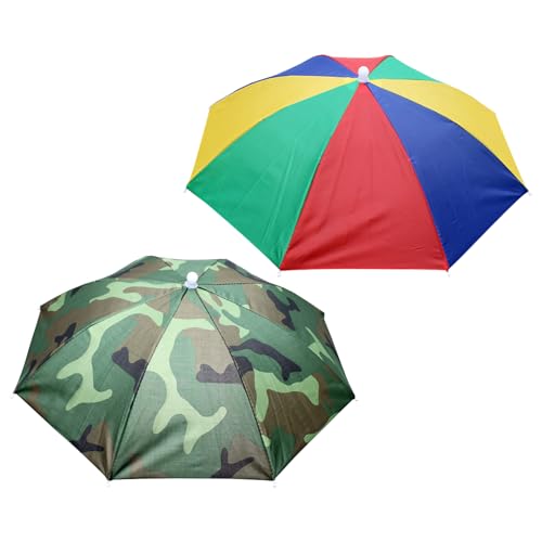 CHUNLINLAODA Umbrella Hat 2-Pack With Adjustable Elastic Band for Adults and Kids - Outdoor Essential for Gardening, Camping, Fishing, Festival - Rainbow Camouflage