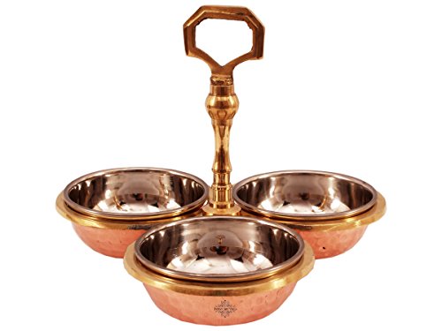 Indian Art Villa Handmade Steel Copper 3 Bowl Compartment Condiment Pickle Set ...