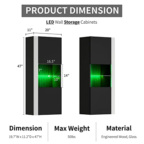 Amerlife AMERLIFE-27A Wall Storage Cabinets With Led Lights, Modern High Gloss Hanging Cabinets With 4 Closed Doors & Open Glass Shelves, For Living Room/Bedroom/Office, Black thumb #1