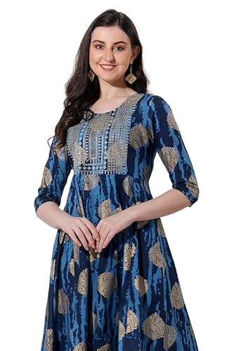 Image of MIRCHI FASHION Women's Cotton Relaxed Fit A Line Sequins Embroidery Work Foil Printed A-Line Kurti Only