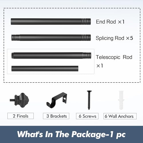 Image of Curtain Rods for Windows 36-124 inch, 5 /8 inch Matte Black Curtain Rod with Brackets Adjustable by Splicing for Bedroom Kitchen Living Room