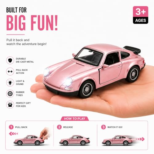 Image of 1:36 Scale Porscha 911 Die-Cast Alloy Toy Car - Pull-Back Metal Sports Car with Openable Doors, LED Lights & Sound - Collectible Model for Kids, Boys & Enthusiasts (Pink)