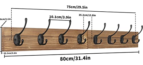 Ibosins Wall Mounted Coat Rack, 31-2/5'' Long, Entryway Hanging Coat Rack, Metal Wood Coat Rack With 8 Black Literary Rustic Hooks Rail For Coat, Scarf, Bag, Towel, Key, Cap, Cup, Hat #TOP2