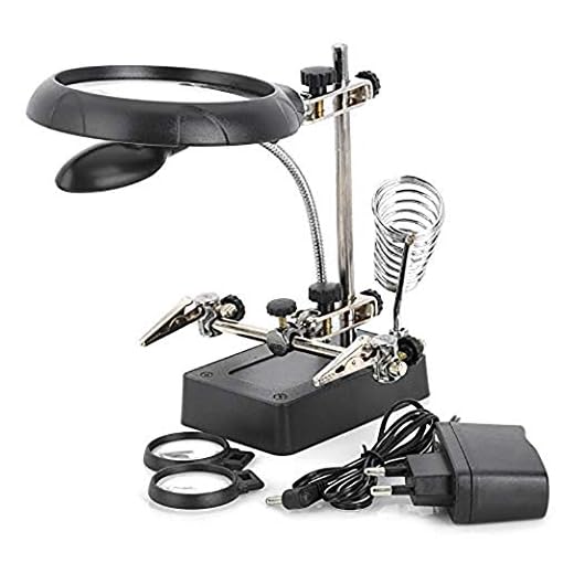 EUROXANTY- Lupa 5 LED para Soldadura 3 Lentes 2.5mm 7.5mm 10mm Pinzas de Cocodrilo Soporte para Soldador