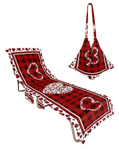 Buffalo Red Love Beach Chair Towel Covers for Chaise Lounge with Side Pocket, Soft Plush Pool Towels Cover for Patio Sunbathing Outdoor 29''x85'' Valentine's Day Plaid Sweet Heart