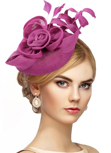 Zinniday Fascinators Hats for Women Tea Party - 1920s Rose Red Kentucky Fascinator 2026 Feather Victoria Derby Fascinators Hat with Hair Clip for Lady Girls Costume Church Holiday Party Dress Up