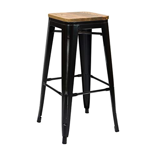 Vaukura Taburete Alto Tolix - Taburete Industrial Metálico Asiento Madera (Negro)