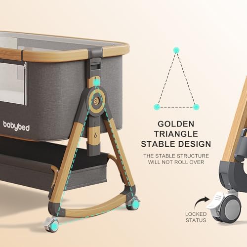 Jimberbay Baby Bassinet, 4 in 1 Bedside Cribs with 4D Air Fiber Mattress & Mosquito Net, Waterproof Mattress Bedside Sleeper Baby Cot with Height Adjustment & Storage Basket, Light Grey — view 3