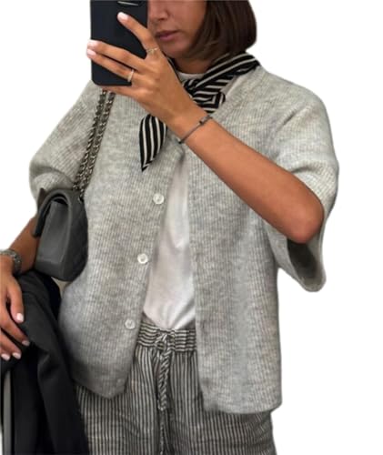 Women Knitted Crop Cardigan Sweater Short Sleeve Button Down Ribbed Knit Crop Top Blouse Y2k Pullover Tee Tops