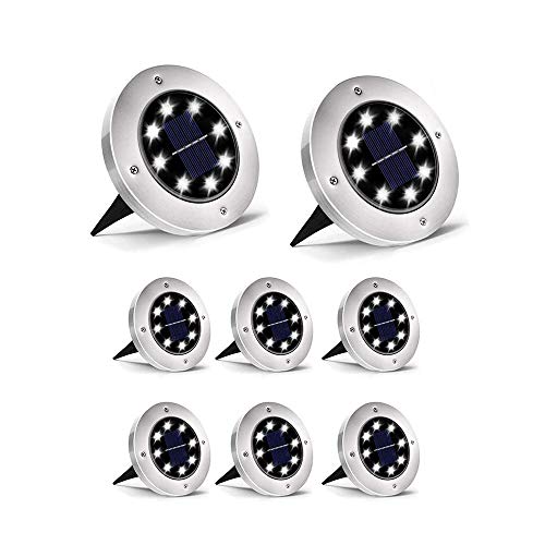 Dersoy Solar Disk Lights Outdoor, 8 LED Bulbs Solar Powered Ground Lights Outdoor Waterproof IP65 for Garden/Landscape Path/Patio/Yard/Lawn/Driveway, LED Buried Lights Cold White(8 Pack)