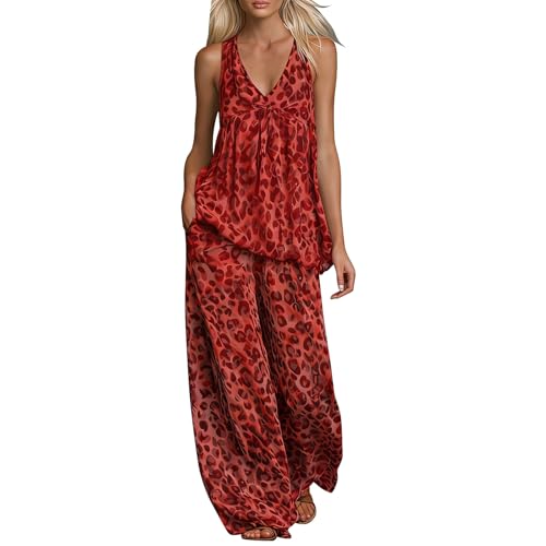 Conjunto de leopardo de 2 piezas para mujer con pantalones de pierna ancha y top halter de gasa