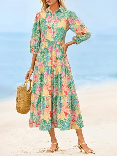 Image of Wenrine Womens Casual 3 /4 Sleeve Shirt Dress Button Down V Neck Tiered Collared Flowy Maxi Dress