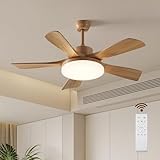 Myleoron 46 Inch Wood Ceiling Fan with Remote, Solid Wood 5 Blade Ceiling Fan with Light, Burlywood Rustic Outdoor Light with Fan Flush Mount for Patios Living Room, Dining Room, Bedroom, Farmhouse
