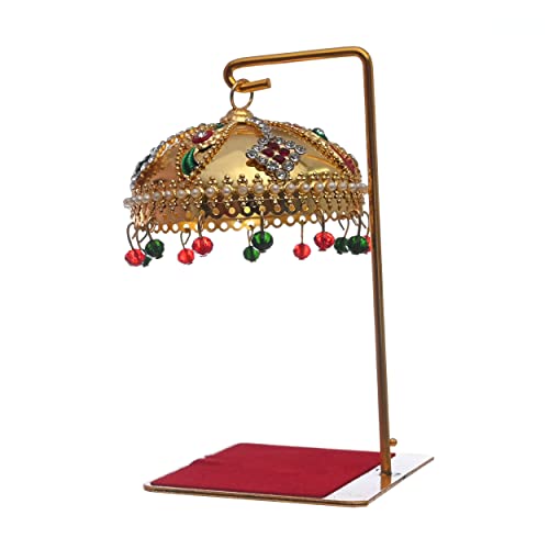 Image of Metal Chhatra Umbrella with Hanging Crystals - Decorative Chatri Aasan for God Idol, Car Dashboard, Home Temple, Office Desk, Or Table Decor (M 11)