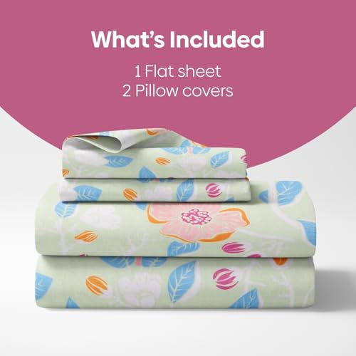 Image of Haus & Kinder Bloomfield Dawn Green Cotton Fitted King Bedsheet, Soft Breathable Cotton Bed Sheet with Elastic Corners for Double Bed, Elegant Floral Design