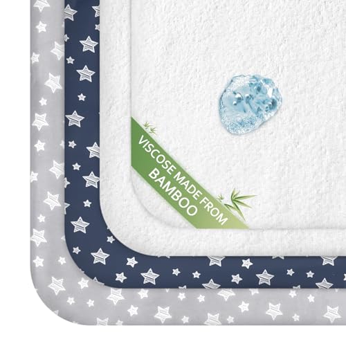 Image of Pack and Play Sheets & Waterproof Terry Pack N Play Mattress Protector Pad Cover 4 Pack, Viscose Terry Pack N Play Sheets Set, Grey & Navy