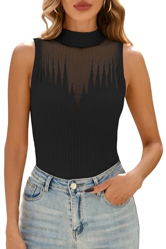 Image of Cakulo Womens Summer Sleeveless Ribbed Tank Tops Sweater Vest 2025 Mock Neck Basic Sheer Knit Top Fitted Shirts