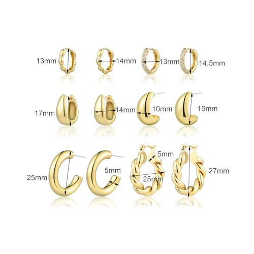 6 Pairs Gold Hoop Earrings for Women, 14K Gold Plated Chunky Huggie Hoop Earrings Set Hypoallergenic, Lightweight Twisted Open Hoops Jewelry for Christmas/Birthday Gifts. 5