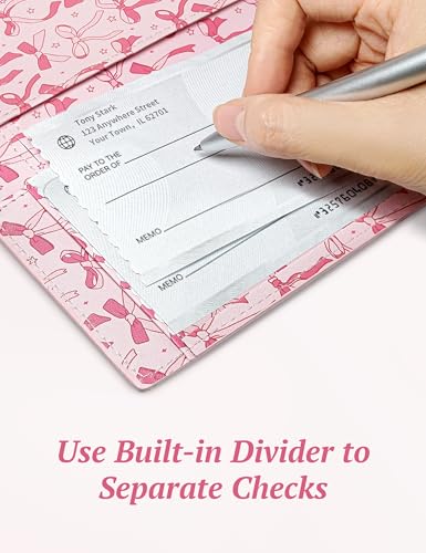Image of Yarnic Checkbook Cover for Personal Checkbook Holder with Pen Holder & Built-in Clear Plastic Divider for Duplicate Checks (Pink Bow)