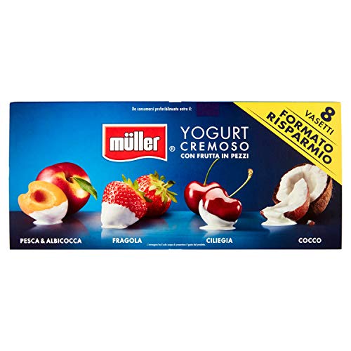 Müller Yogurt con Frutta in Pezzi Pesca&Albicocca/Fragola/Ciliegia/Cocco, 8 x 125g