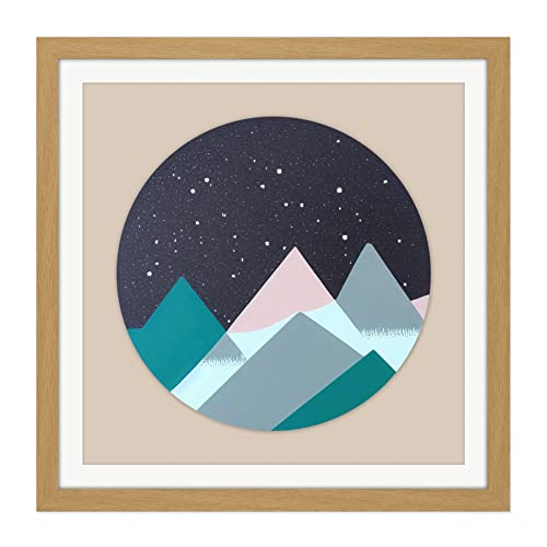 Wee Blue Coo Mountain Landscape at Night Stars Abstract Circle Painting Square Wooden Framed Wall Art Print Picture 16X16 Inch Cover