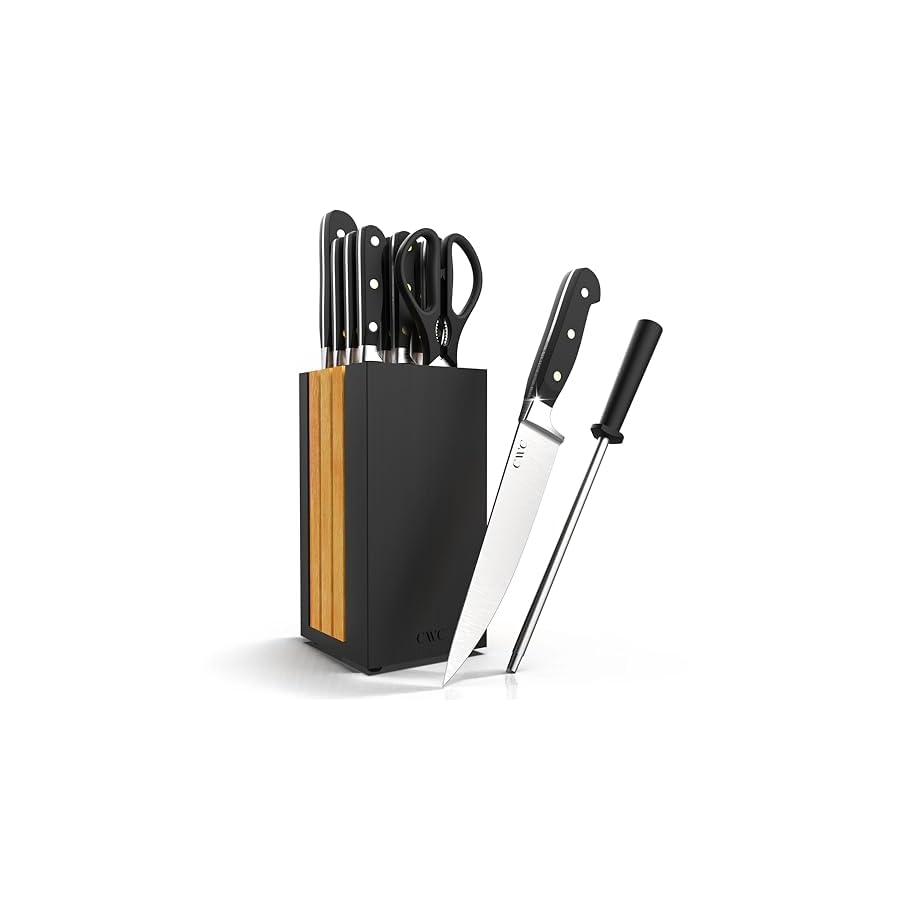 COOK WITH COLOR 14 Pieces Kitchen Knife Block Set, Knives for Kitchen, Forged Cutlery with Razor-Sharp High Carbon Steel Blades, Magnetic Block