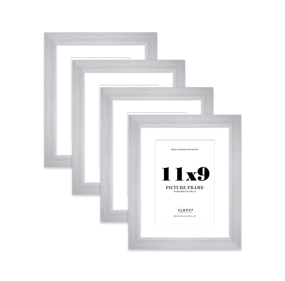11x9" Silver Frame With Mount for A5 Pictures 28mm Edge Portrait and Landscape Display with Wall Hooks and Kickstand, 4 Pack