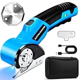 Cordless Electric Scissors, Rechargeable Rotary Cardboard Cutter, Automatic Box Cutter with LED Light, Safety Lock, Extra Blades, Electric Scissors for Fabric Leather Carpet Plastic Cloth Carton, Blue